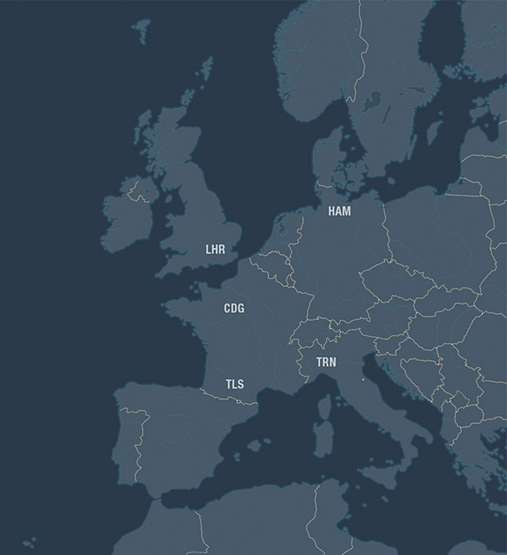 europe-large Europa-Karte mit Markierung der Standorte von MWA in Hamburg, London, Paris, Toulouse und Turin